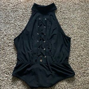 Black lace up suede bodysuit